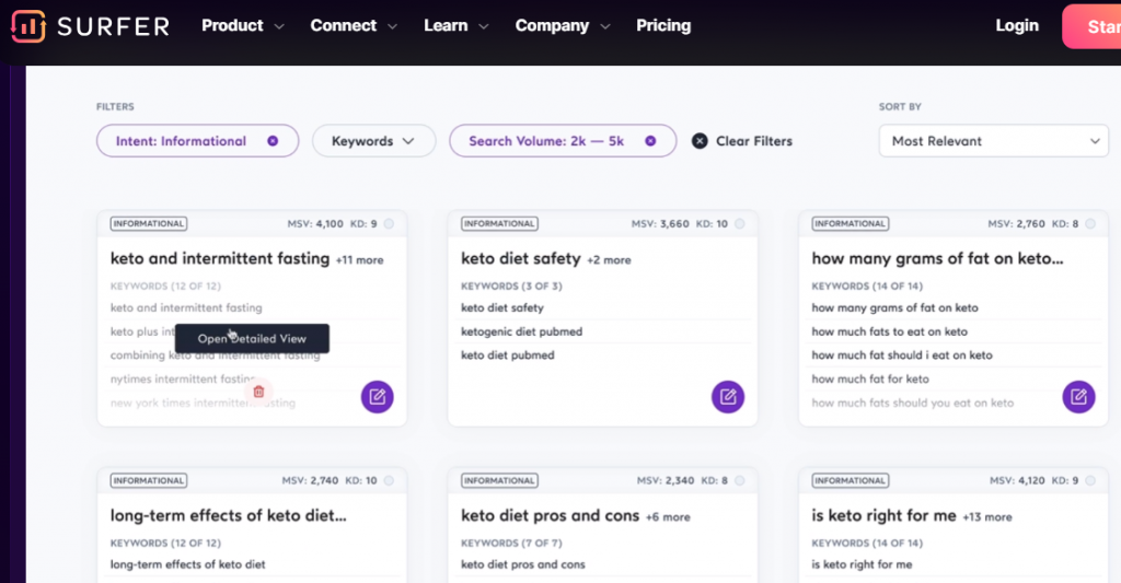 Surfer Keyword Research Tool to establish topical authority