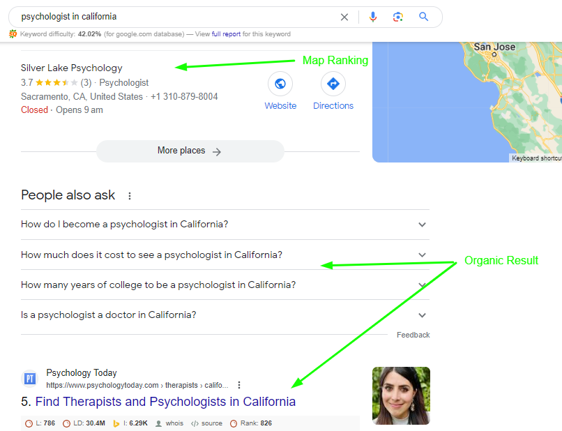 Map and Organic Results on SERP